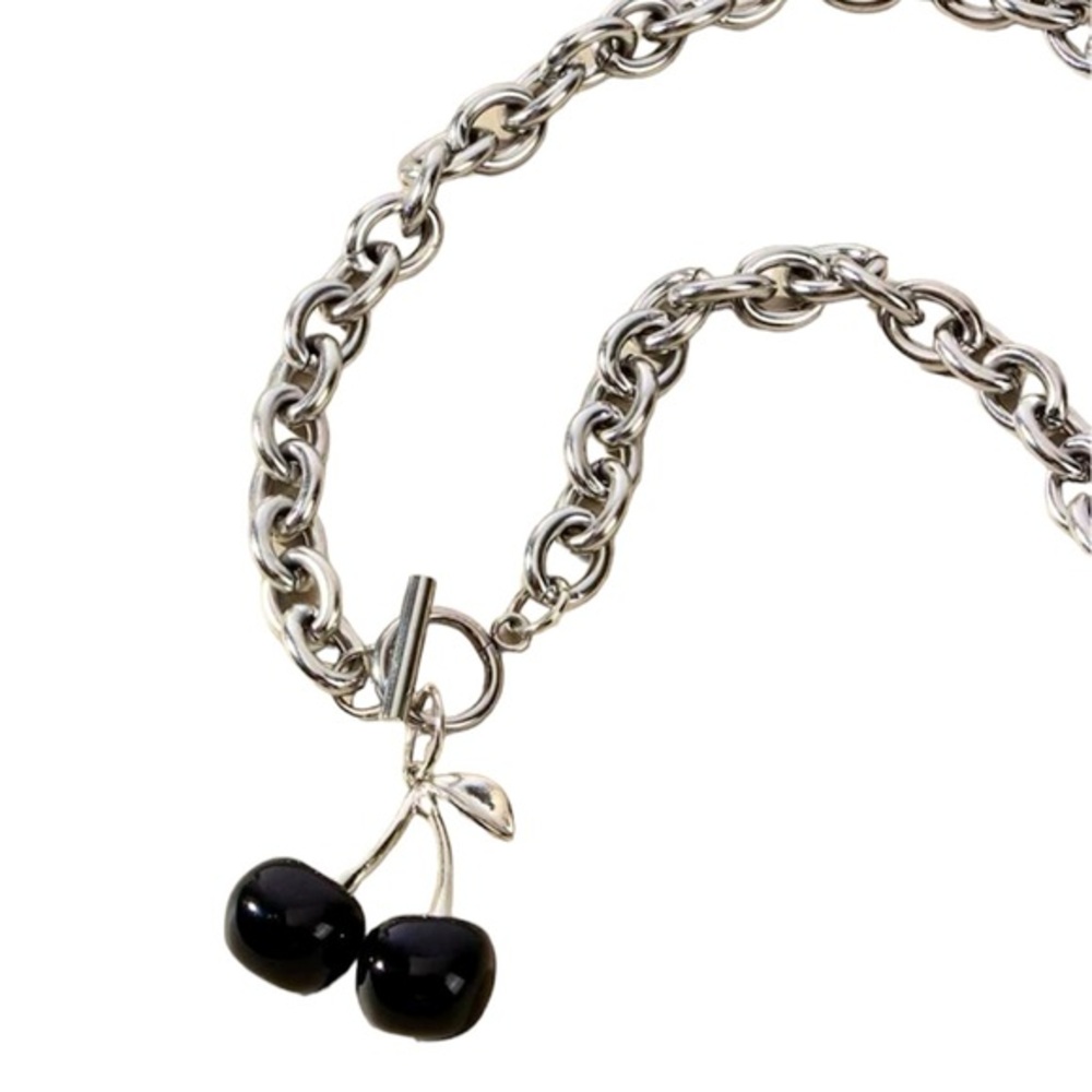 Y2K Gothic Halloween Black Cherry Silver Tone Chain Link Choker Necklace
